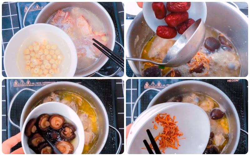 Hầm gà với đông trùng hạ thảo, táo tàu đỏ, nấm và gừng Hầm gà với đông trùng hạ thảo, táo tàu đỏ, nấm và gừng